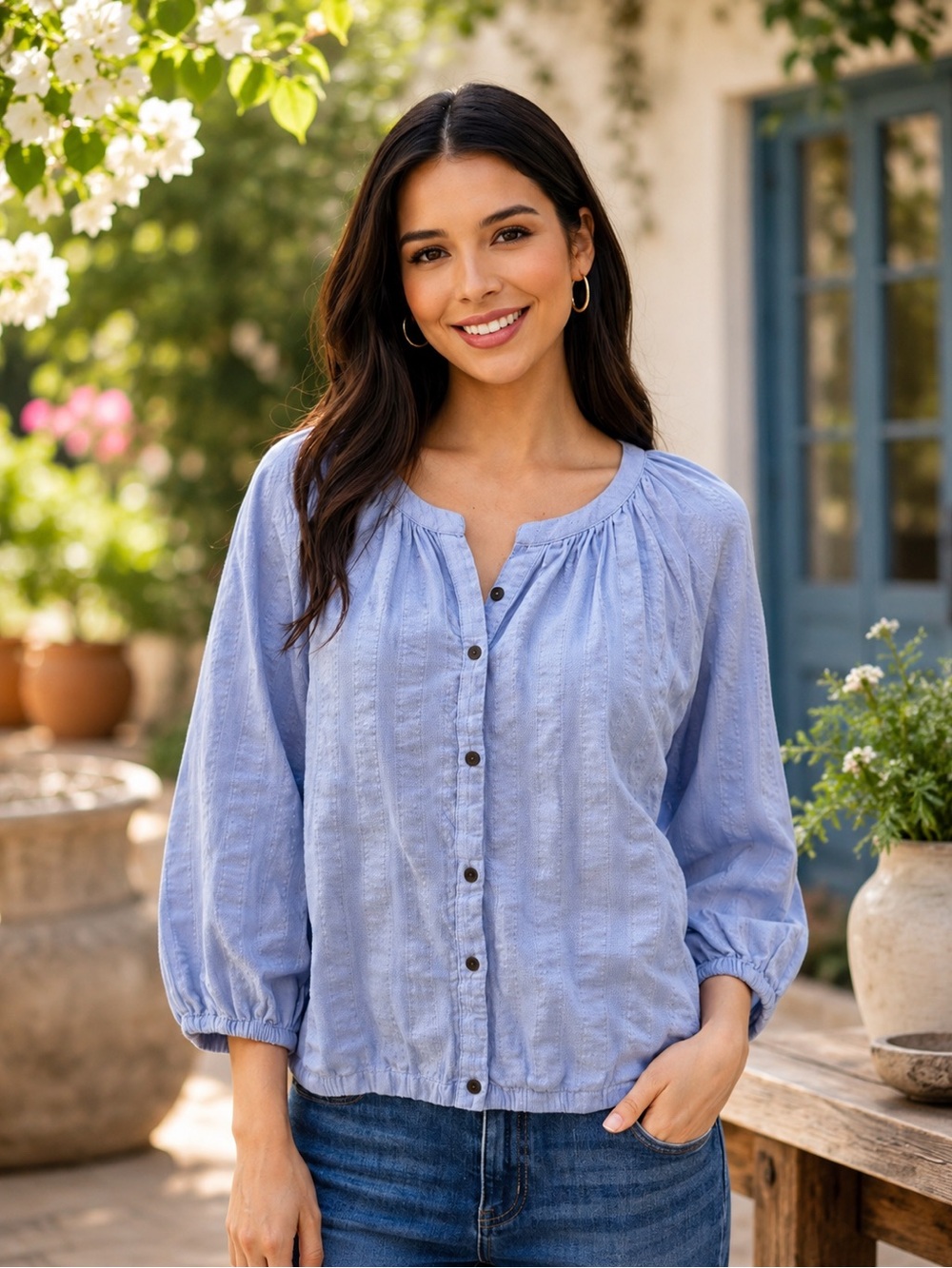 ANA A New Approach Blue Cotton Peasant Blouse Size Small